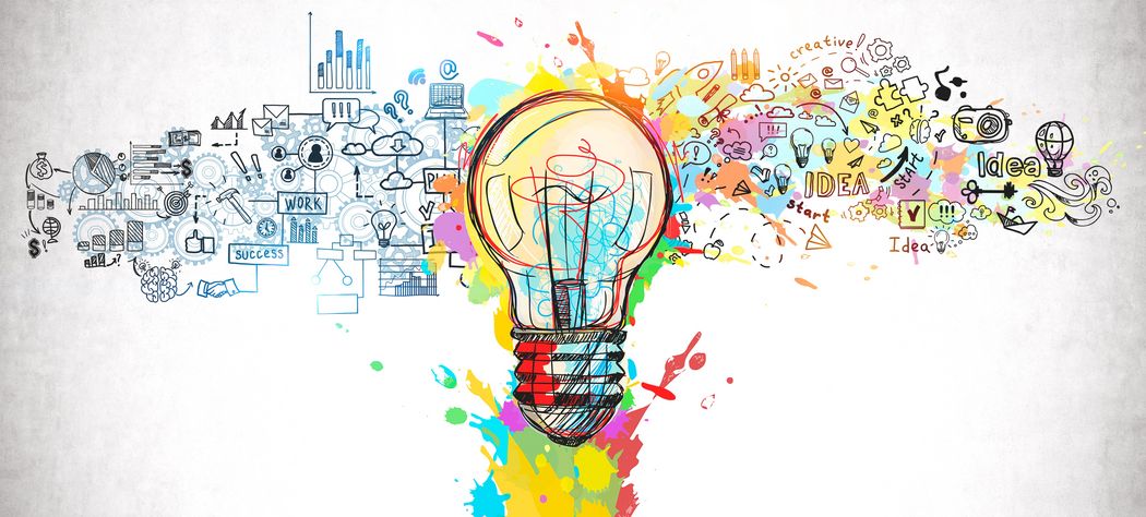 Titelbild: bunte Glühbirne mit seitlich verbundenen Piktogrammen