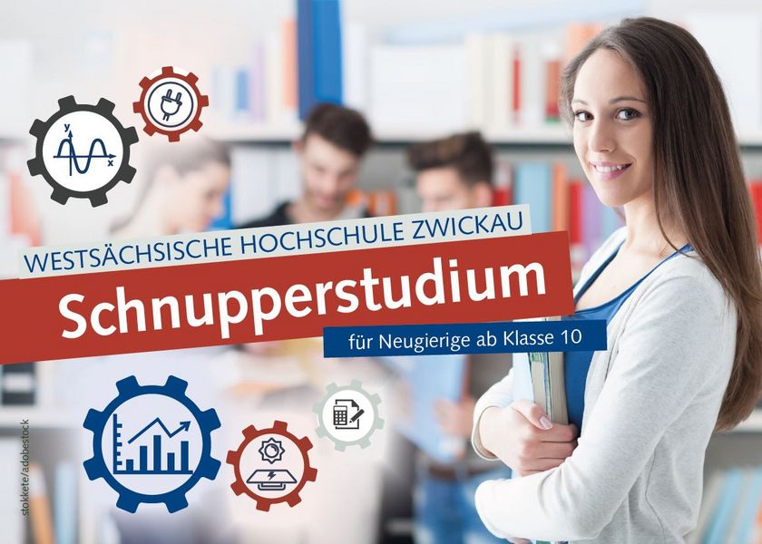 Illustration: Schnupperstudium an der WHZ ab Klasse 10, Person mit Büchern in der Hand schaut in die Kamera (Grundabbildung: stokkete/adobestock) 