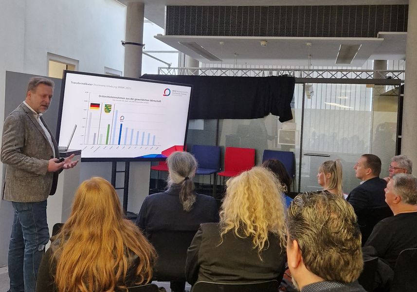 Teilnehmer verfolgen einen Vortrag.