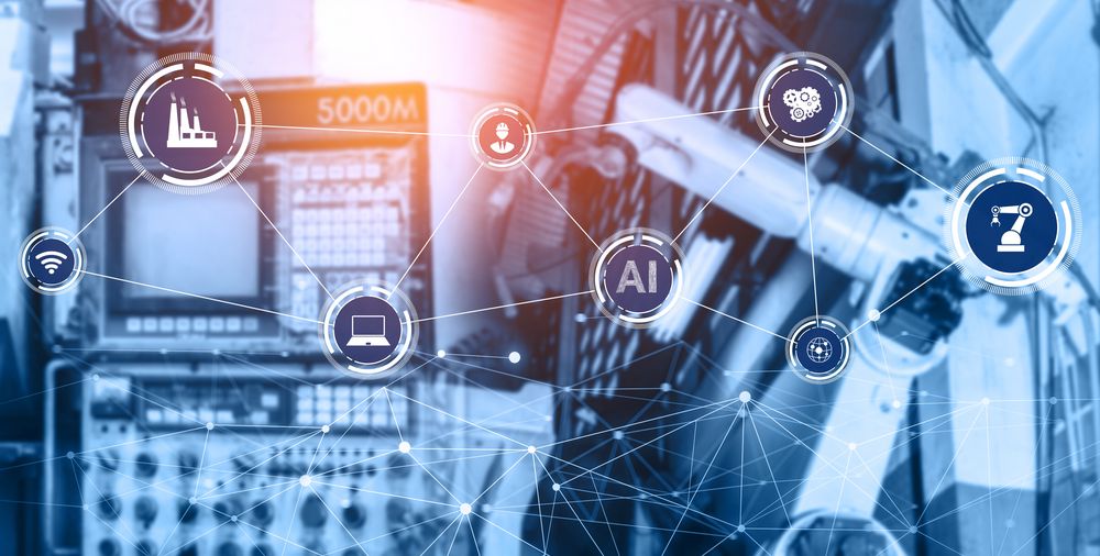 Image: Industry 4.0 with machines in the background and linked symbols in the foreground (source: Adobestock/Summit Art Creations)