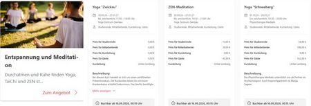 Screenshot Buchungssystem des Hochschulsport - Übersicht der Angebote