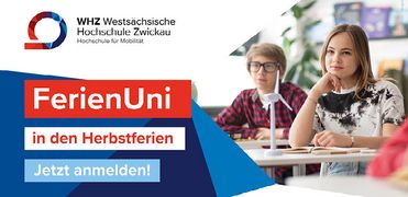 Flyerfoto: Aufschrift Ferienuni. 3 Teilnehmer mit einem Lehrbeauftragten an einer technischen Einrichtung.