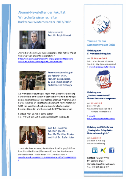 PDF: Alumni-Newsletter der Fakultät Wirtschaftswissenschaften Rückschau Wintersemester 2017/2018.