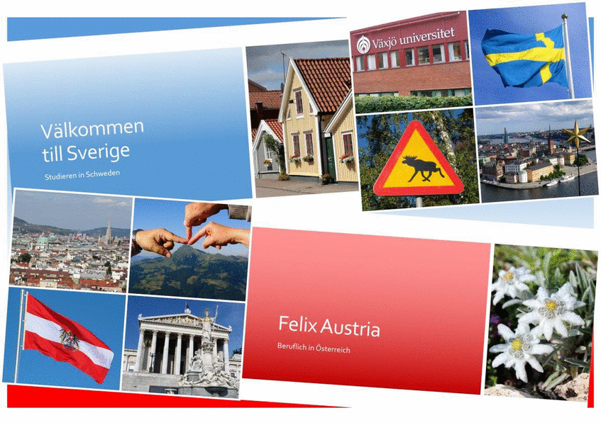 Fotocollage: Bilder aus Schweden und Österreich. Zu einer Vortragsreihe zum Studieren in Schweden und Beruflich in Österreich.