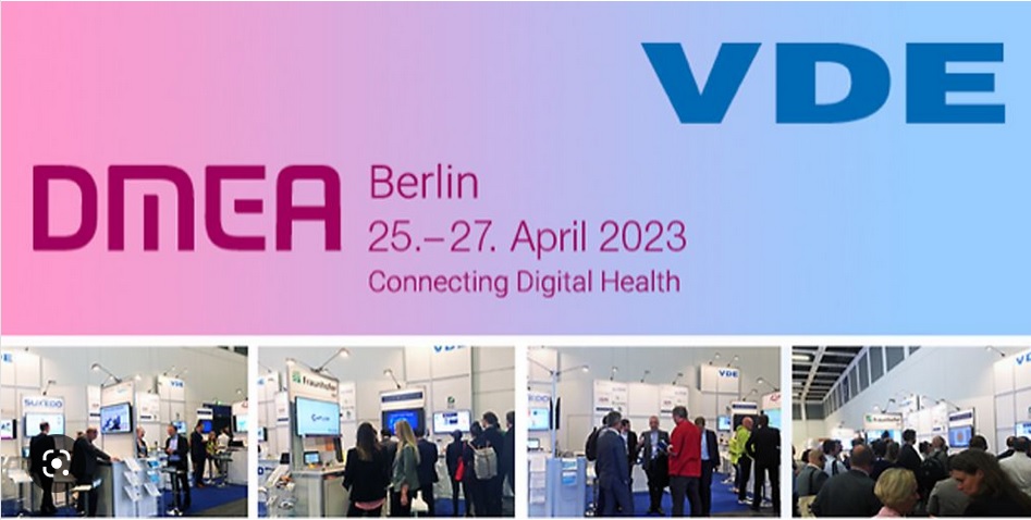 Foto: Digital Medical Expertise & Applications - DMEA, Flyer, verschiedene Geräte und Stände und Besucher