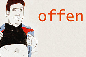 Grafischer Flyer: Ein Mann zieht sein T-Shirt hoch und geschrieben steht "Offen".