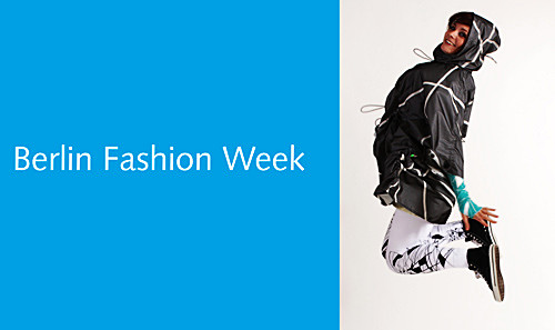 Foto: Model springt in die Luft. Flyer. Berliner Fashion Week