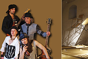 Fotorreihe: 2 Bilder. Ein Gruppenfoto einer Band. Ein Bild mit schwebenden Stühlen. Ausstellung zu 50 Jahre Holzgestaltung.