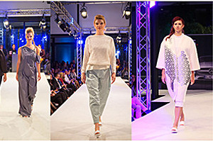 Fotocollage: Mercedes Fashion Night Award 2016. 3 Models auf dem Laufsteg.