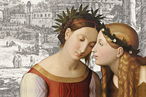 Vorschaubild: Zurück aus Freiburg i. B. und Weil a. R. Eine Malerei. Zwei Damen lehnen zutraulich ihre Köpfe aneinander.