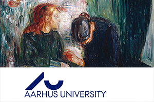 Foto: Mit Schriftzug AARHUS University. Oberhalb ein Gemälde. Ein Kind liegt im Bett und eine Frau steht mit gesenkten Kopf daneben und hält die Hand des Kindes.