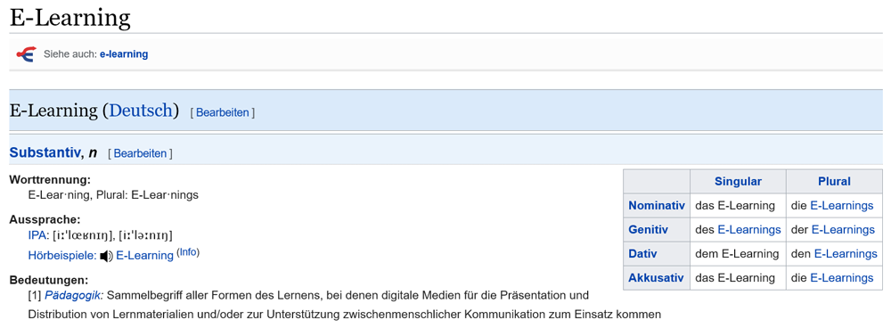Bildschirmausschnitt: Erklärung des Begriffes. E-Learning.