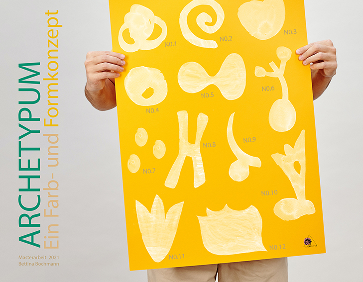 Foto: Masterarbeit von Bettina Bochmann, Studiengang Gestaltung, Fachrichtung Textilkunst/Textildesign, gelber Hintergrund mit verschiedenen Zeichen 