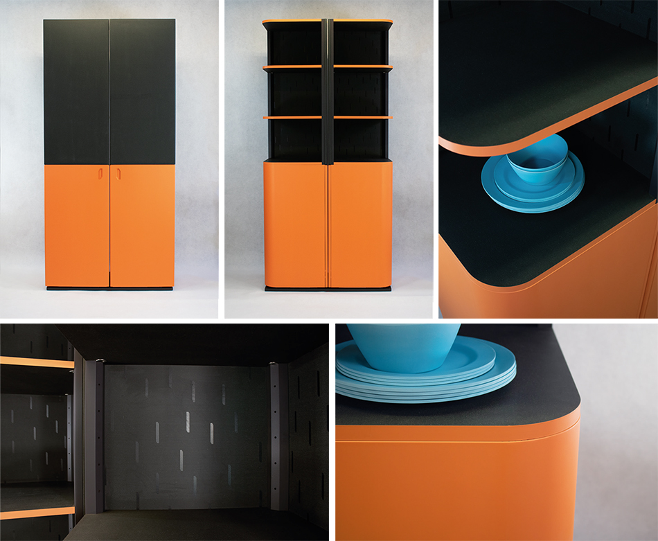 Foto: Bachelor-Abschlussarbeit "Spin Twin" von Till-Janosch Baumann (Holzgestaltung) und Eva Abt (Textilkunst/Textildesign), orange-schwarzer Schrank, welcher 180° drehbar ist und detailliertere Ansicht von Elementen des Schrankes