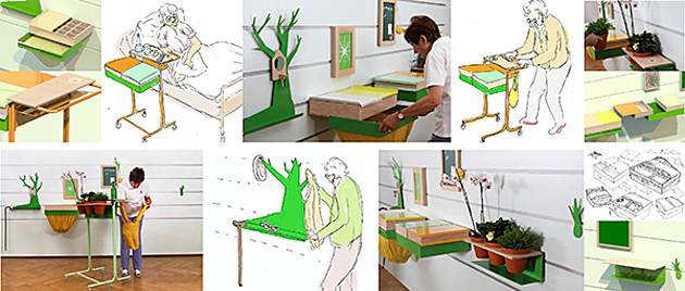 Fotocollage: Passende Funktionsmöbel für den Pflegebereich. Abschlussarbeit Holzgestaltung 2013.