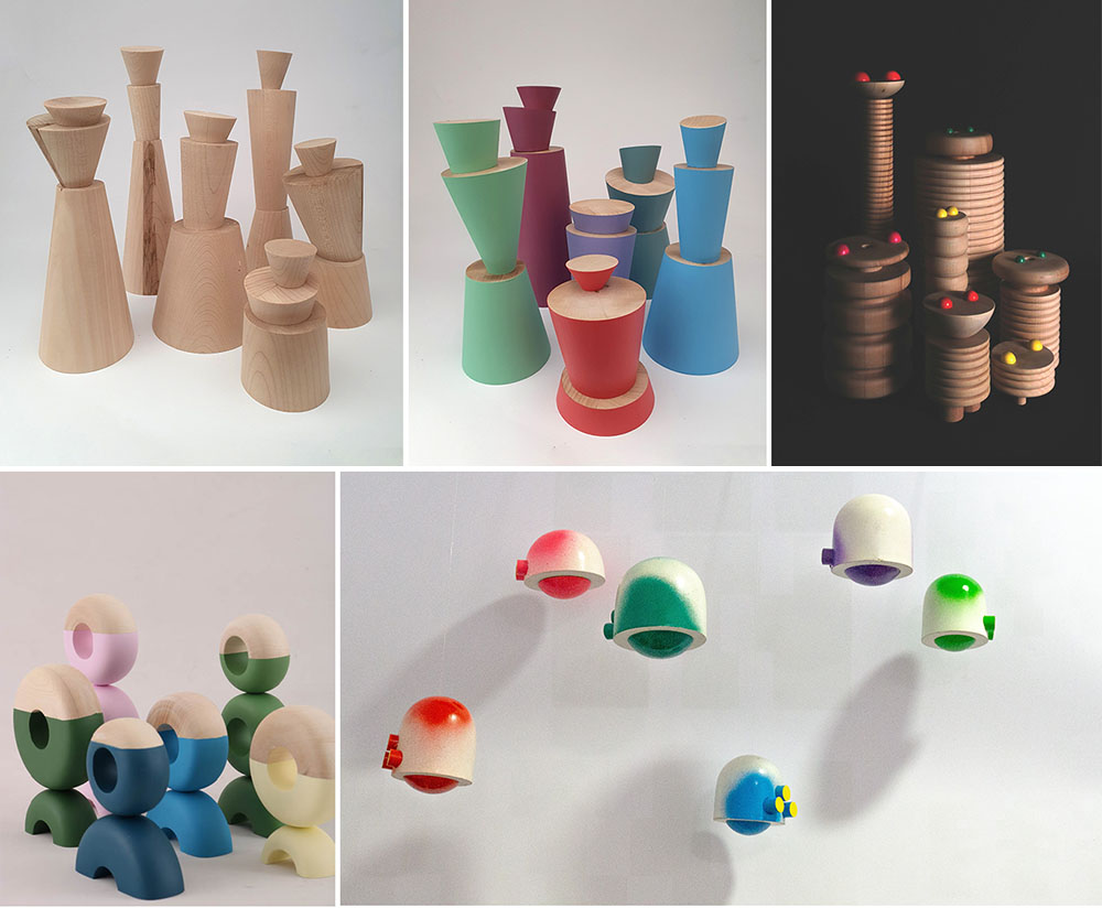 Foto: Holzfiguren unterschiedlichen Aussehens mit verschiedenen Farben, Studienarbeit "Holzfamilie", Arbeiten von Anne Gerke (1 und 2), Louise Binninger (3), Magdalena Sander (4) und Jannik Zielke (5) 