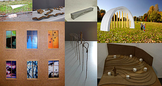 Fotocollage: Objekte bzw. Gestaltungen vom Stadtmöbel bis zu bespielbaren Bausteinen. Projekt Holzgestaltung 2012, 4. Semester - Modul AKS 228 – Projektbezogene Präsentation / Foto 2.