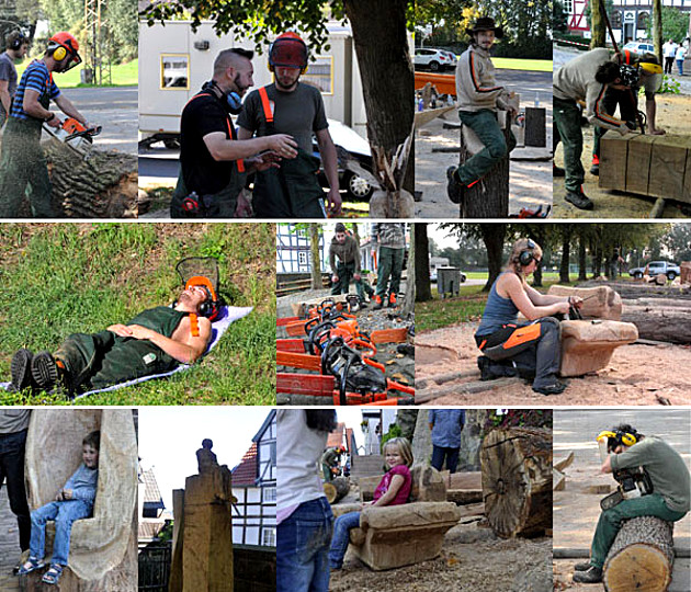 Fotocollage: Kettensäge und Bildhauerwerkzeug als Arbeitsmittel. Abtragen und Wegschneiden von Holz. Projekt Holzgestaltung 2012, 4. Semester - Modul AKS 234 – Projekt H2 / Foto 1