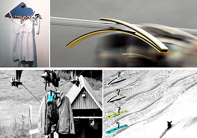 Fotocollage: 4 verschiedene neue Kleiderbügel Designs. Projekt Holzgestaltung 2012, 4. Semester - Modul AKS 229 – Produkt- und Objektentwicklung