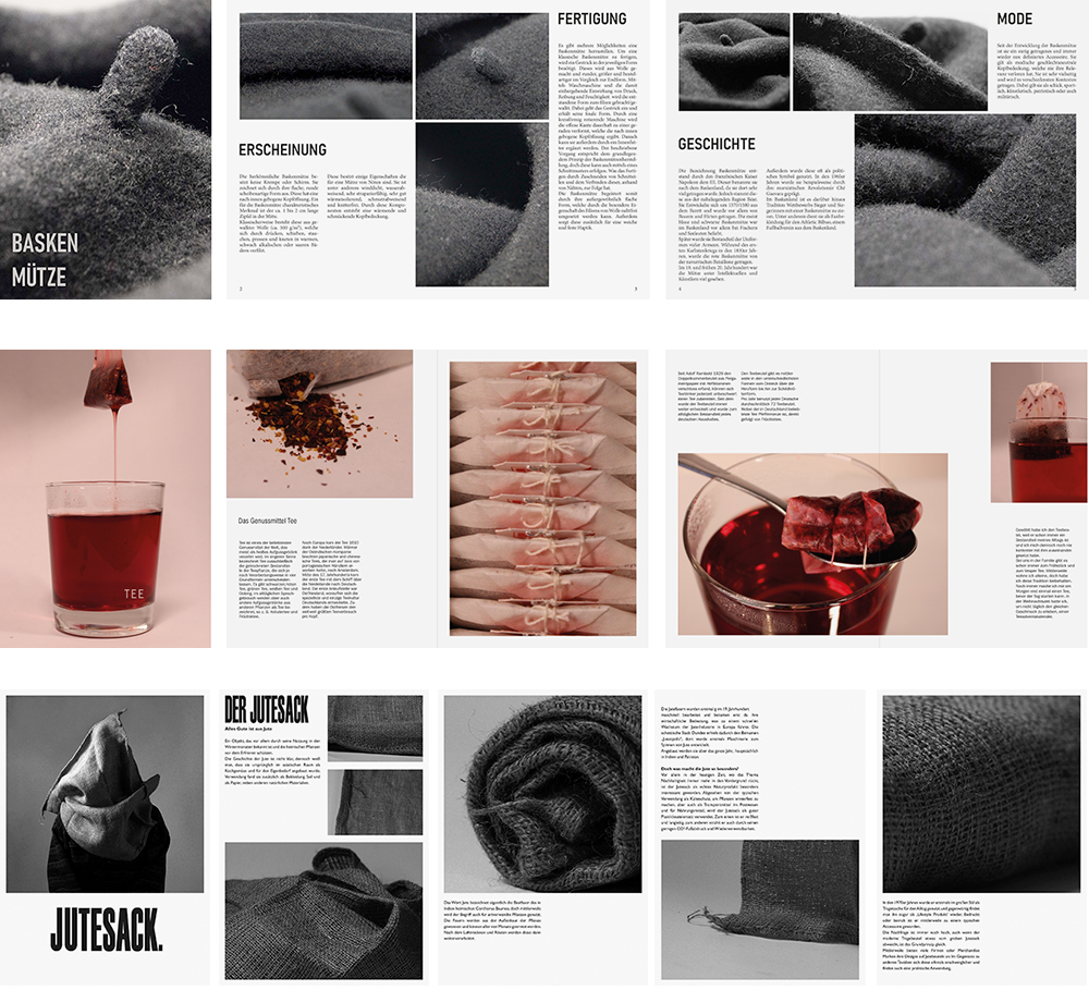 Foto: Modul Grundlagen digitaler Gestaltung, Fotografische Erkundung und Beschreibung dreier Objekte (Layouts von Laura Stryczek, Cora Bellach und Maxim Marek)