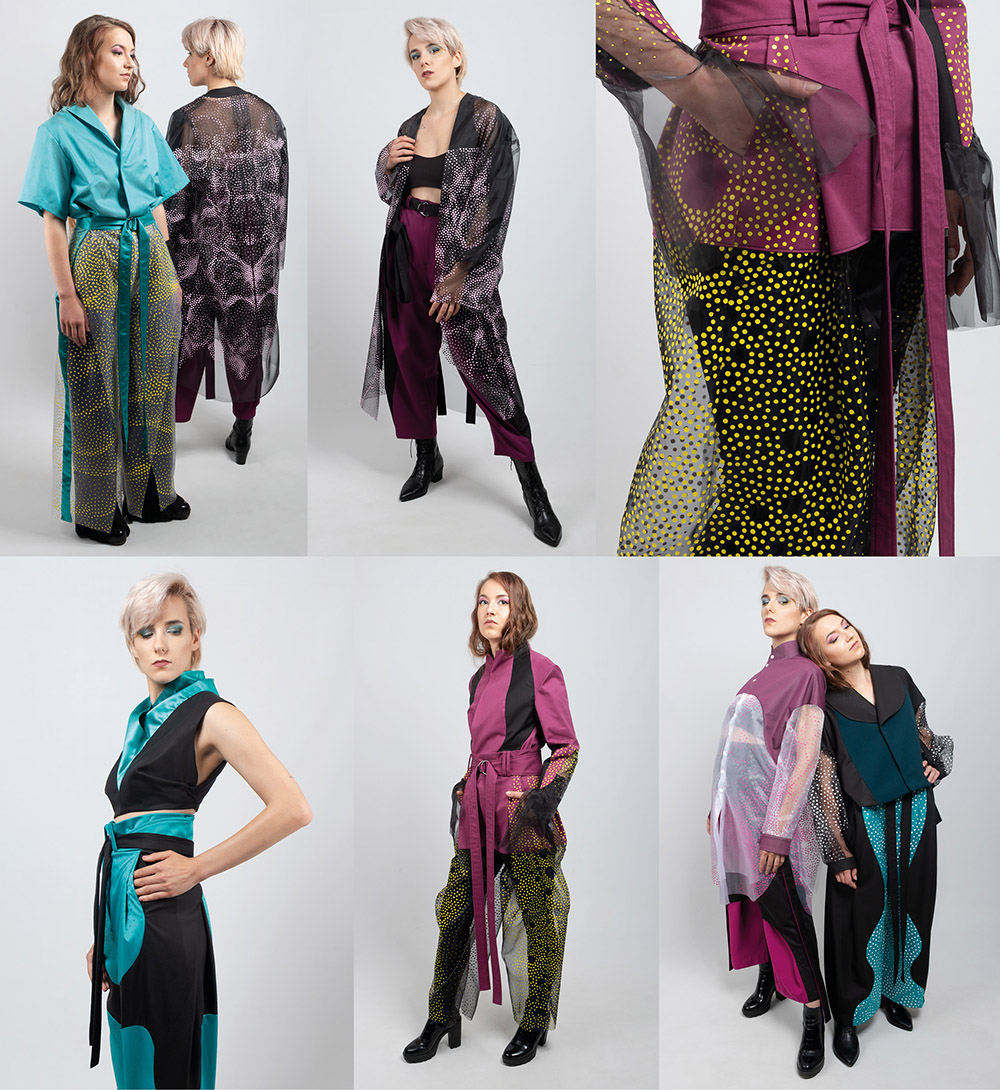 Foto: Master-Abschlussarbeit "Mood_Boost" von Jiri Spata, 2022, Fachrichtung Modedesign, designte Kleidung, mehrere Ansichten und Models