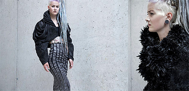 2 Fotos: Laura Krettek mit dem Thema Inter/action. Ein Model präsentiert das Modedesign.