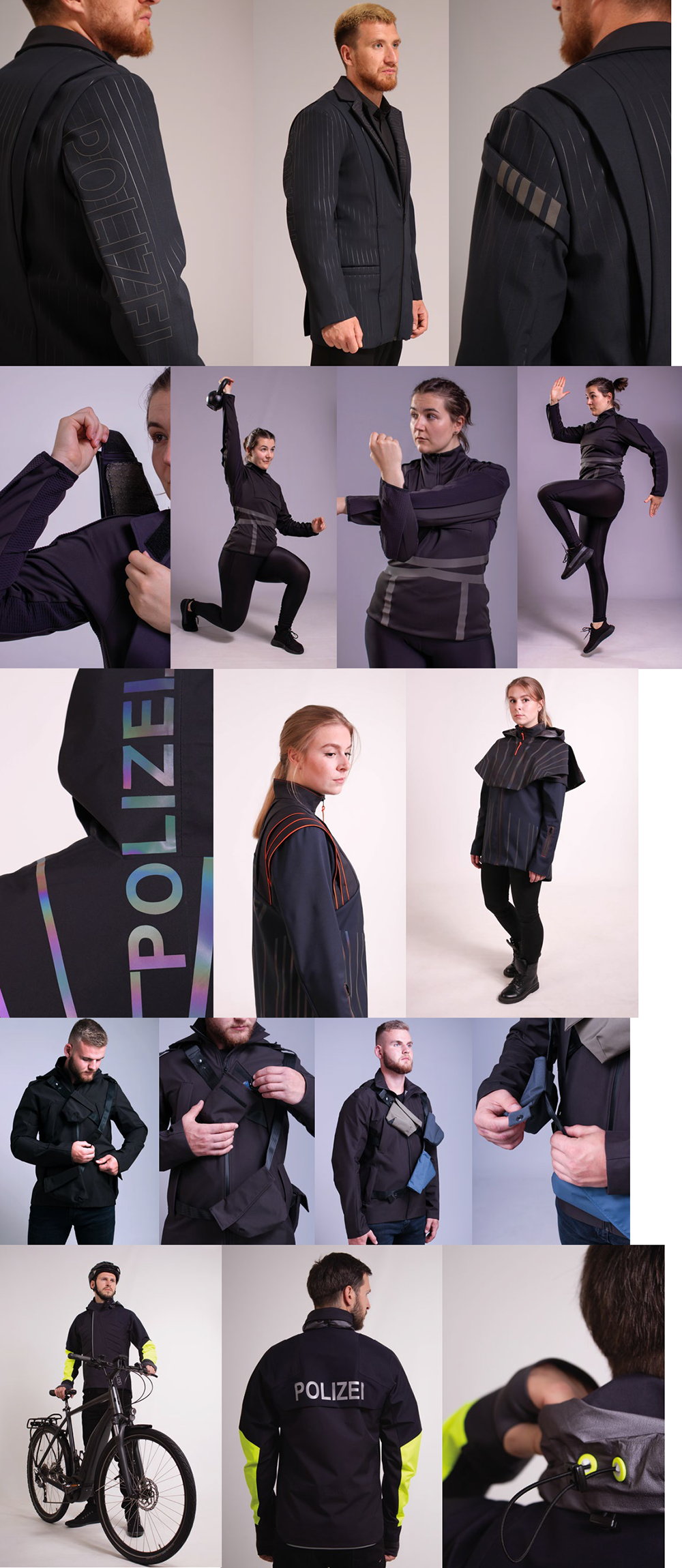 Collage: Studienarbeit "Regular Police 2025", verschiedene Gestaltungsvorschläge für Polizeiuniformen