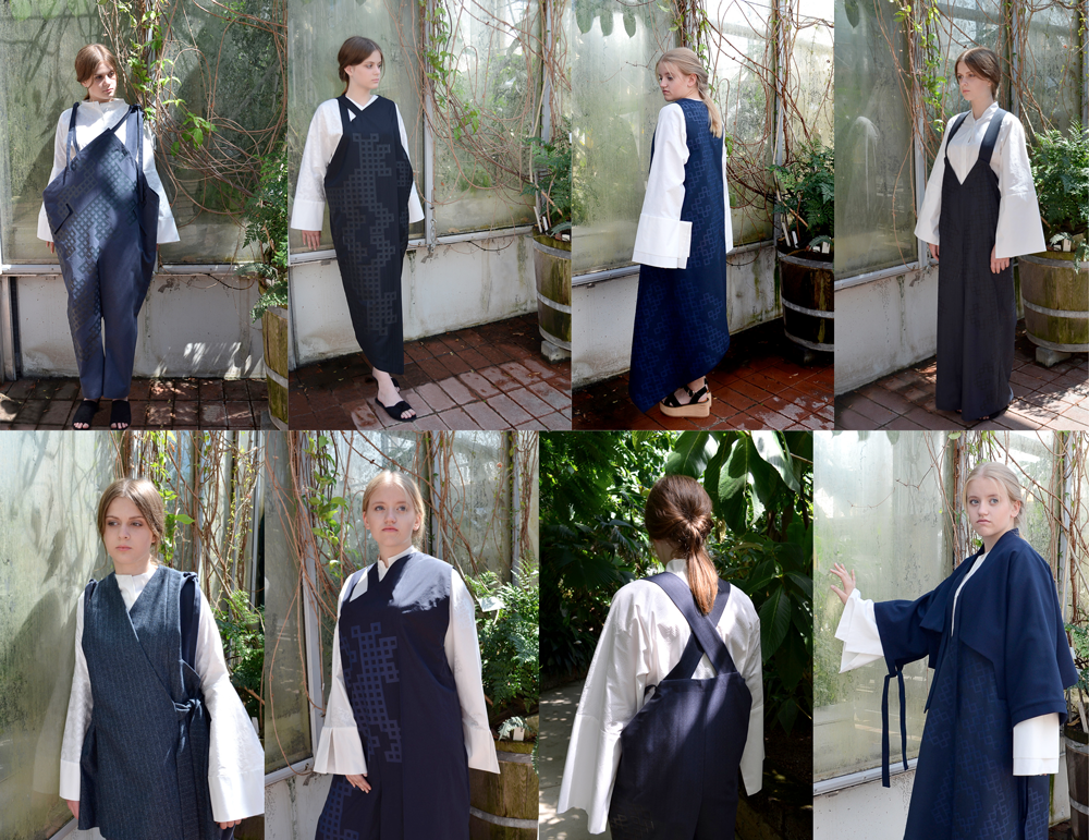 Fotocollage zum Thema: Duschegreja und Kiddlschurz - Synthese zweier Kulturen. Zwei Models präsentieren die Kollektion.