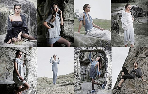 Fotocollage zum Thema: It´s knit - Evolution des Gestricks. Ein Model präsentiert die Kollektion.