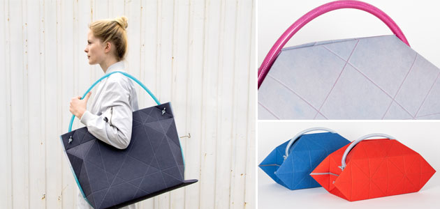 Fotocollage zum Thema: benzing. Ein Model präsentiert eine Tasche.