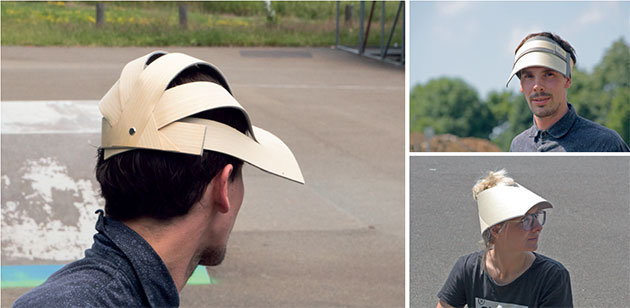 Fotocollage zum Thema: woo woo caps - Mut zum Hut - Eine innovative Kollektionsentwicklung. Zwei Models präsentieren Hutdesigns.