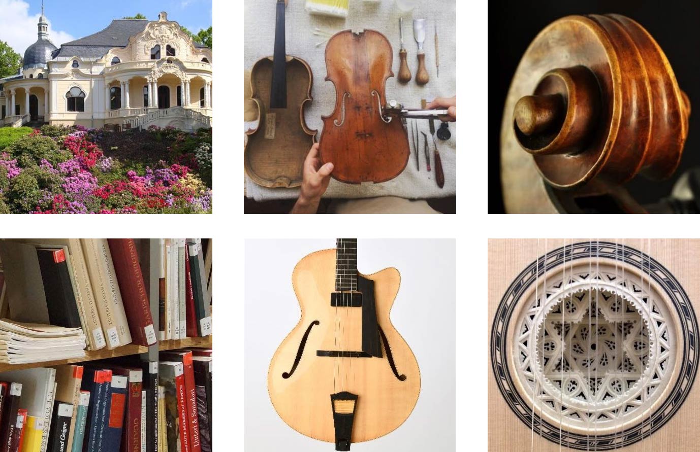 Foto: Kleine Vorschaubilder von Musikinstrumenten zur Berwerbunge des Studienganges Musikinstrumentenbau
