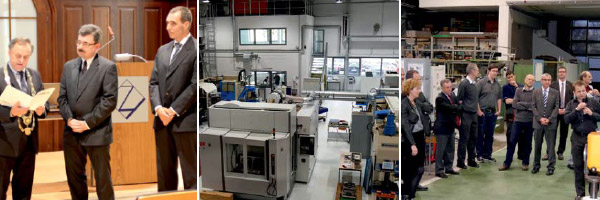 Fotoreihe: Drei Bilder. Erstes. Übergabe einer Urkunde. Zweites. Blick in die Halle mit Maschinen des Institutes für Produktionstechnik. Drittes. Eine Besuchergruppe in einer Halle der Produktionstechnik.