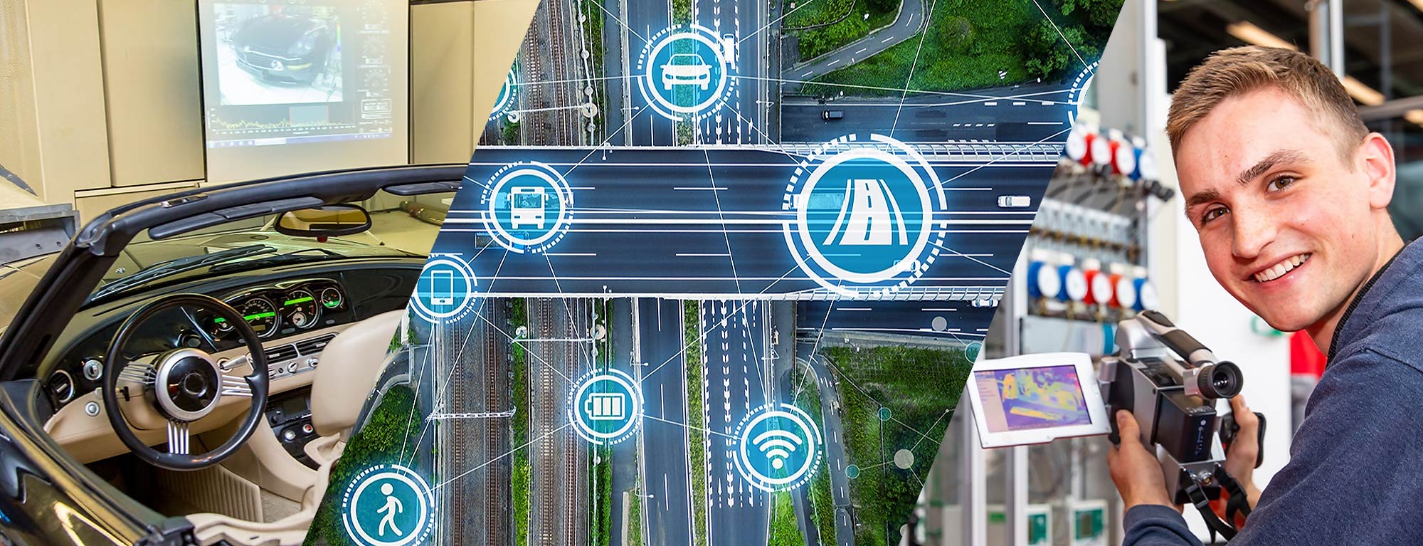 Collage: Prüfstand eines Autos, ein Studierender in der Umwelttechnik (WHZ/Helge Gerischer) und eine Illustration zur Verkehrstechnik (Illustration:: metamorworks/adobestock)