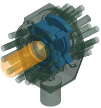 halbdurchsichtiges 3D-Modell des entwickelten Gülleverteilers (ein Metallkasten mit einem Einströmrohr und etwa 20 dünneren Ausgangsrohren) 