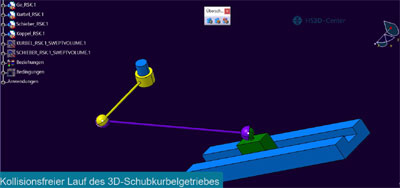 Zu sehen ist das 3D Modell eines Schubkurbelgetriebes, erstellt mit CATIA V5