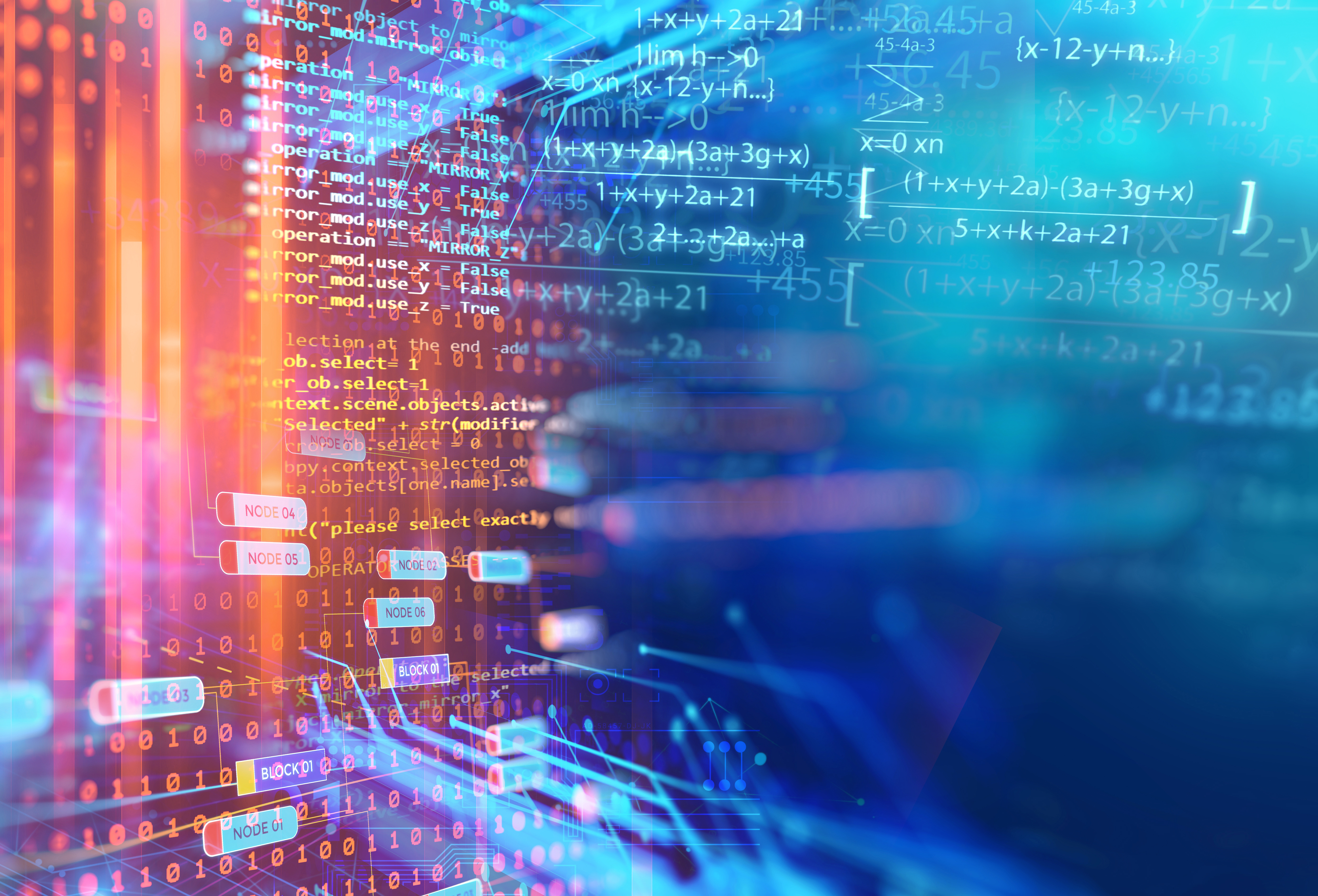 Abbildung: Fotomontage verschiedener mathematischer Gleichungen und Formeln und Quelltext in einem Editor (Quelle: AdobeStock)