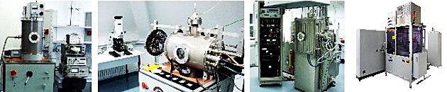Fotoreihe: Vier Bilder zur Oberflächen- und Dünnschichttechnik. Verschiedene Maschinen und Geräte.