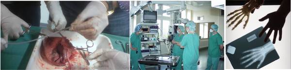 Fotoreihe: Drei Bilder zum Studiengang Biomedizinische Technik. Ein operativer Eingriff, OP-Personal, Röntgenbild einer Hand.