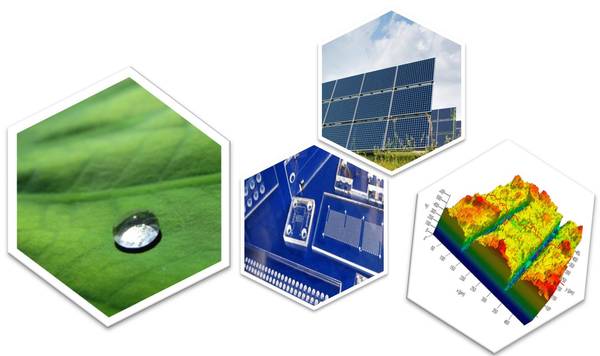 Fotocollage zum Masterstudiengang Nanotechnologie. Vergrößerte Aufnahmen, Solarpanels und eine grafische 3D Auswertung.