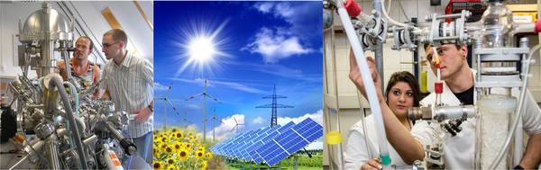 Fotoreihe: Drei Bilder zum Studiengang Physikalische Technik. Studierende an verschiedenen Versuchsaufbauten und Landschaft mit Sonne, Windrädern, Solarpanels und Hochspannungsmasten.