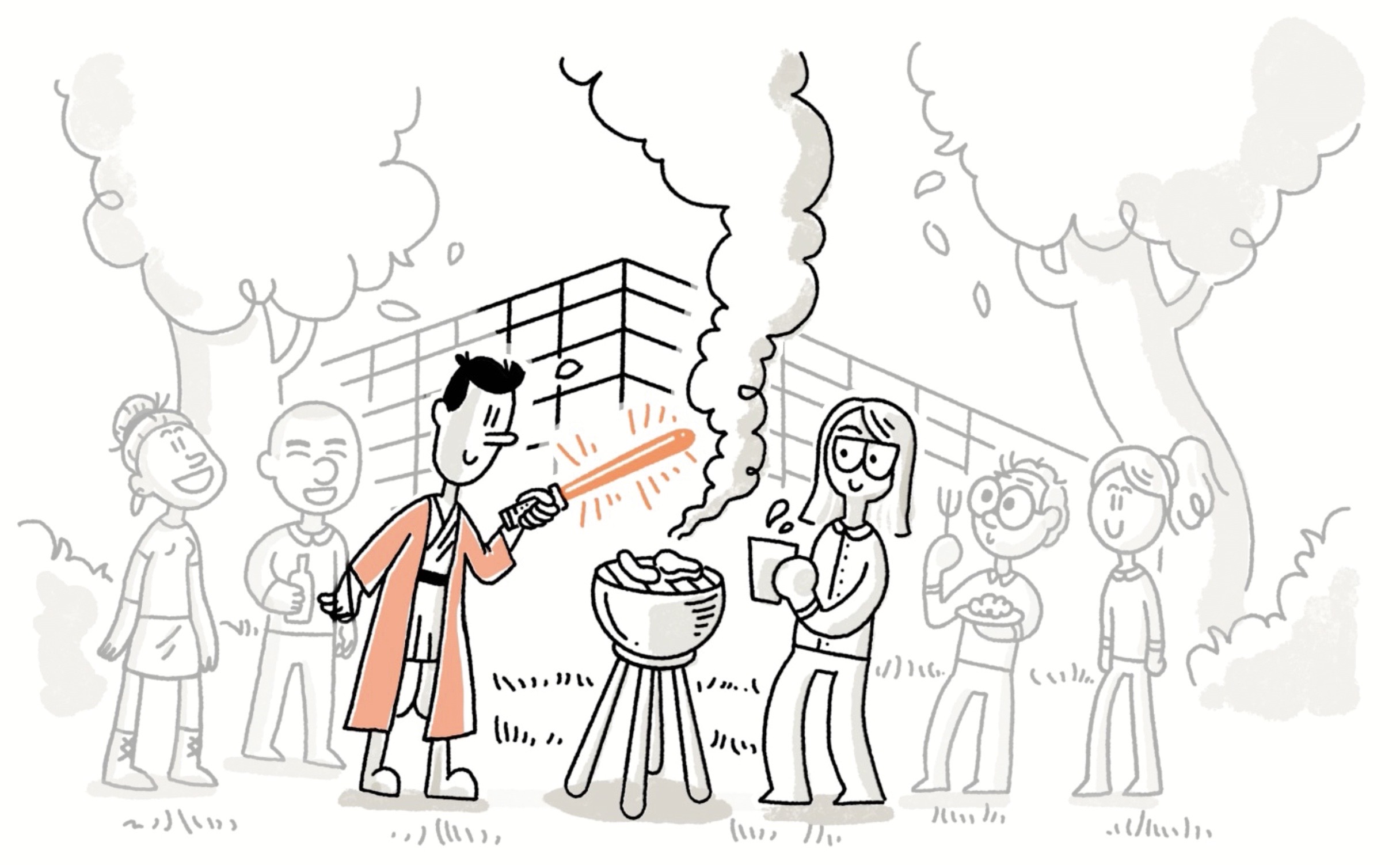 Abbildung: gezeichnete Personen in einem Garten grillen 
