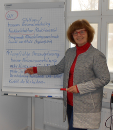 Foto: Angela Walter zeigt auf eine beschriebene Tafel.