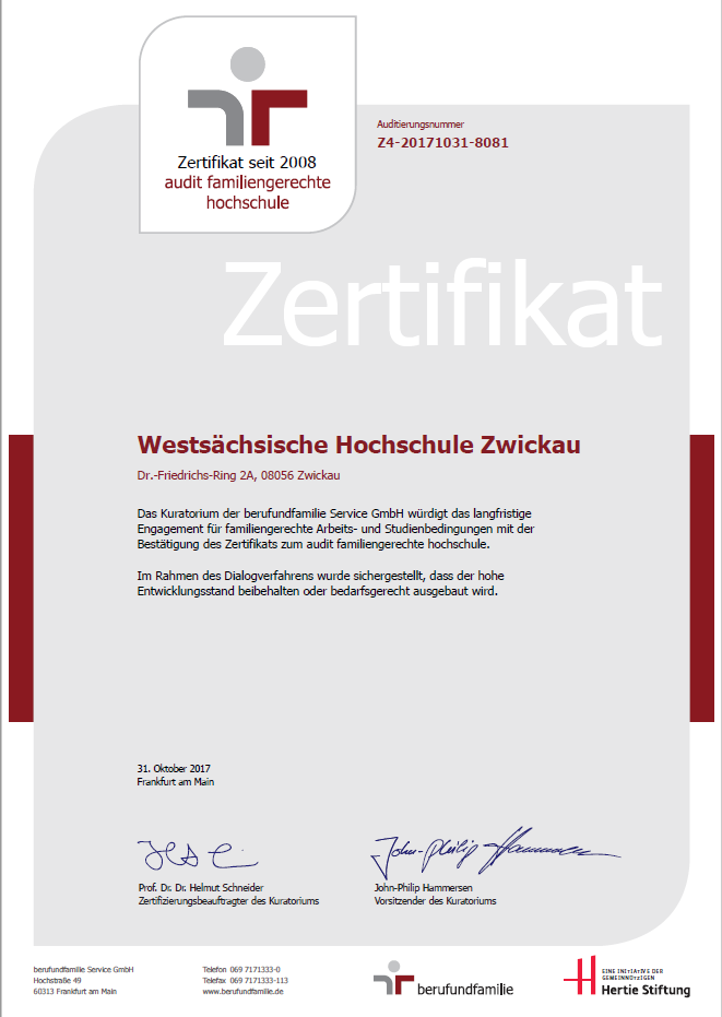Zertifikat: Überschrift: Westsächsische Hochschule Zwickau (darunter Adresse). Das Kuratorium der berufundfamilie Service GmbH würdigt das langfristige Engagement für familiengerechte Arbeits- und Studienbedingungen mit der Bestätigung des Zertifikats zum audit familiengerechte Hochschule. Im Rahmen des Dialogverfahrens wurde sichergestellt, dass der hohe Entwicklungsstand beibehalten oder bedarfsgerecht ausgebaut wird. Darunter sind das Datum und zwei Unterschriften zu sehen.