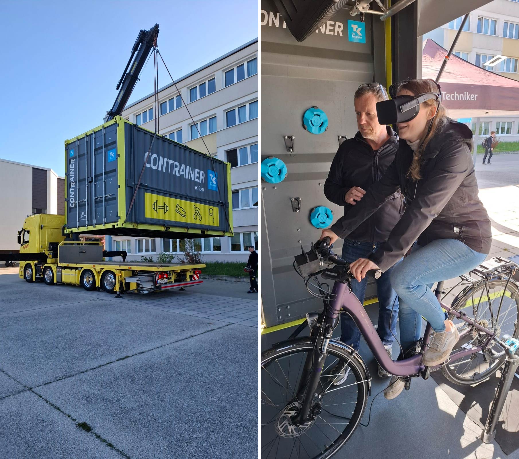 Abladen des Container für Bikefitting und Reaktionstest einer Kollegin mit VR-Brille auf dem Fahrrad