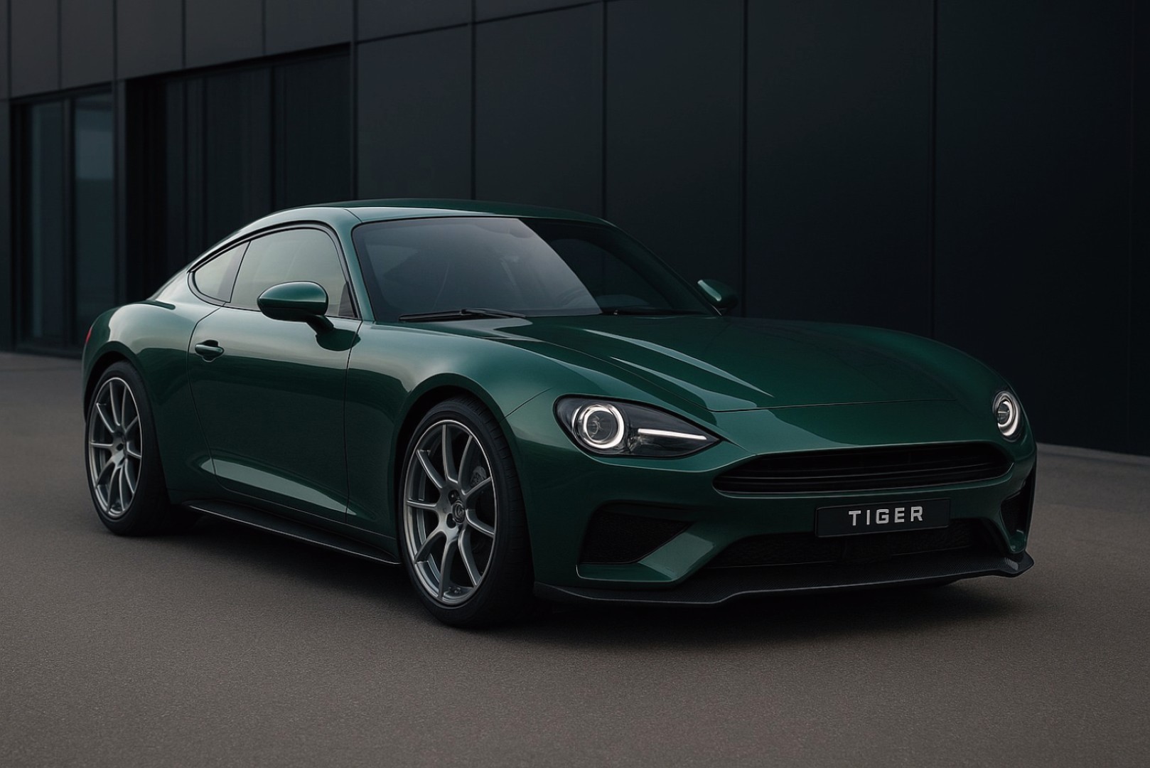 Ein realistisches Bild von Auto in dunkelgrüner Farbe vo einem grauen Gebäude. 