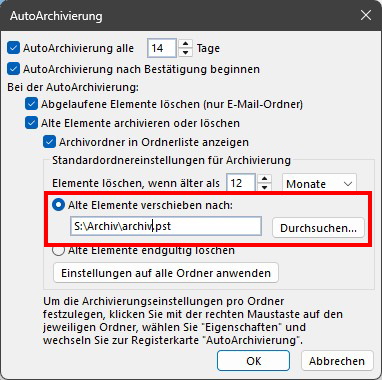 Bild zur Beschreibung zum automatischen Archivieren in Outlook.
