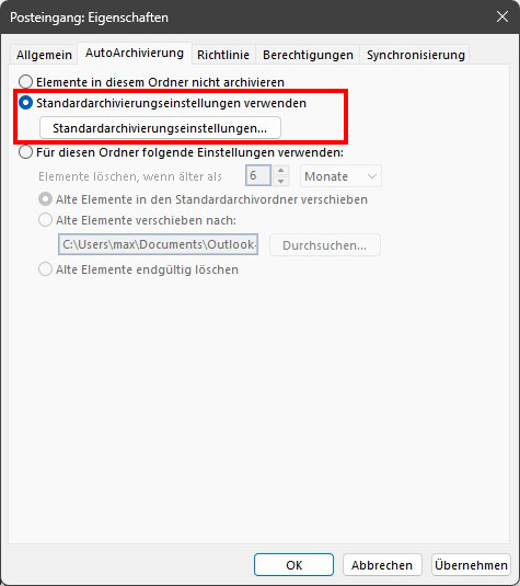 Bild zur Beschreibung zum automatischen Archivieren in Outlook.