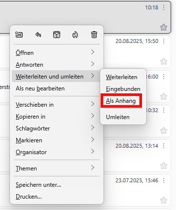 Bild, welches das Weiterleiten von E-Mails im Anhang zeigt.