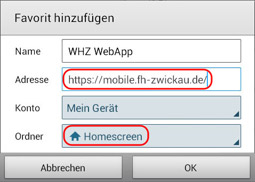 Bild 3 welches das einstellen eines Schnellzugriffes der WebApp für Android Systeme zeigt
